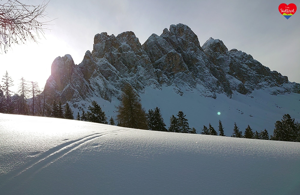 Wintertour zur Gampenalm - schöner Blick auf die Geislerspitzen